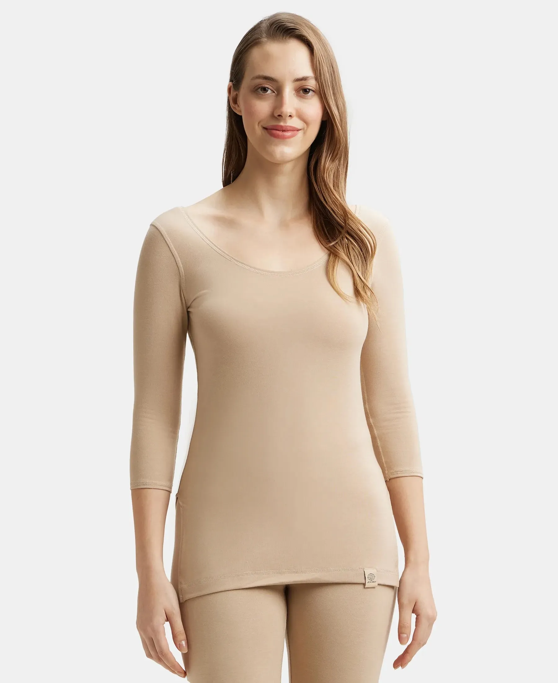 Soft Touch Microfiber Elastane Stretch Three Quarter Sleeve Thermal Top with StayWarm Technology - Skin