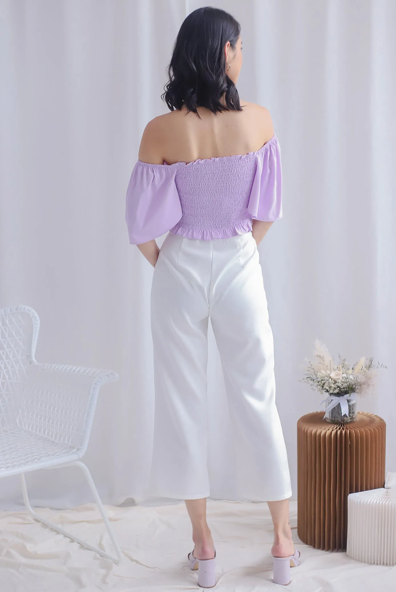 Stephi Flutter Sleeve Smocked Top In Lilac