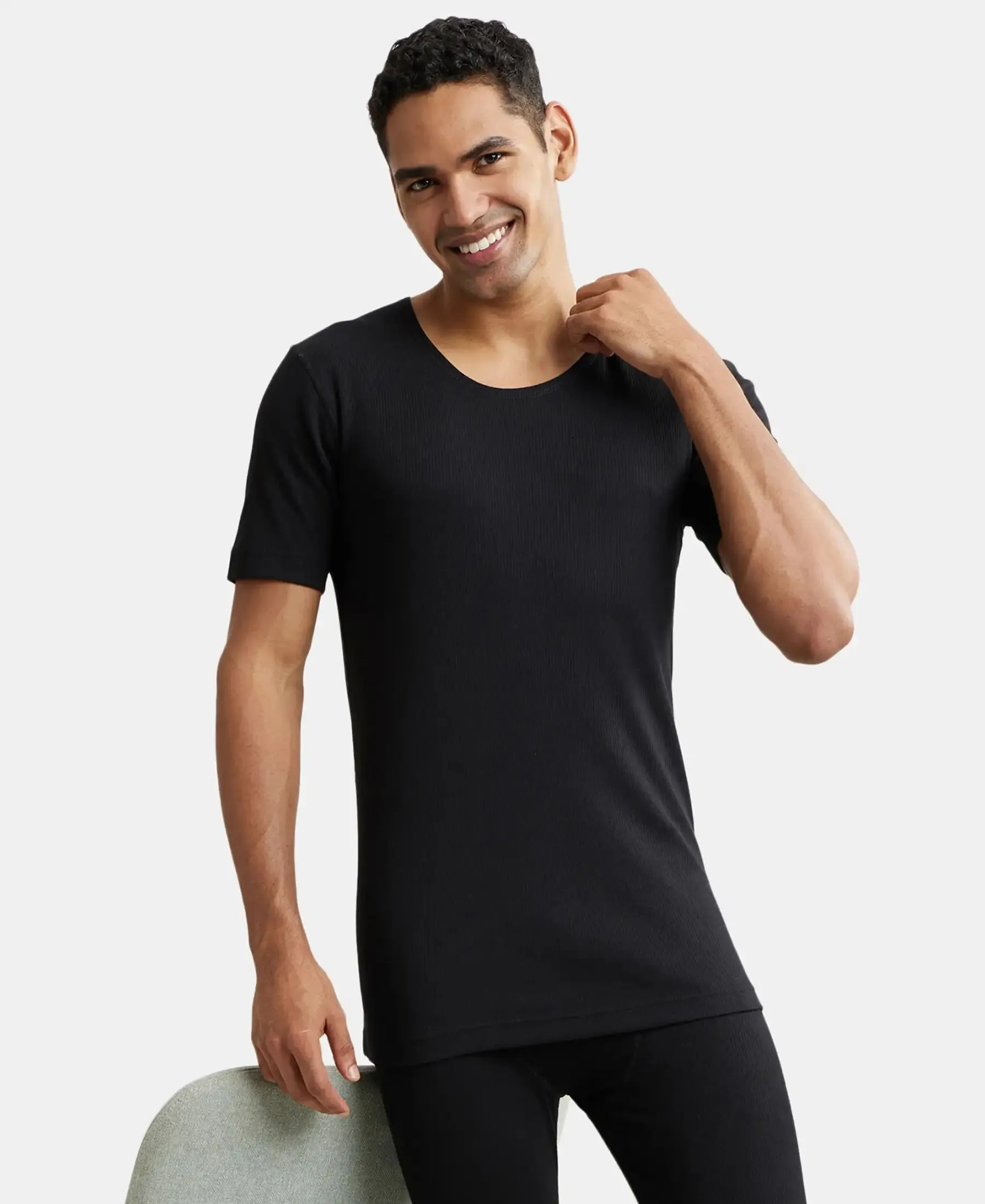 Super Combed Cotton Rich Half Sleeved Thermal Undershirt with StayWarm Technology - Black