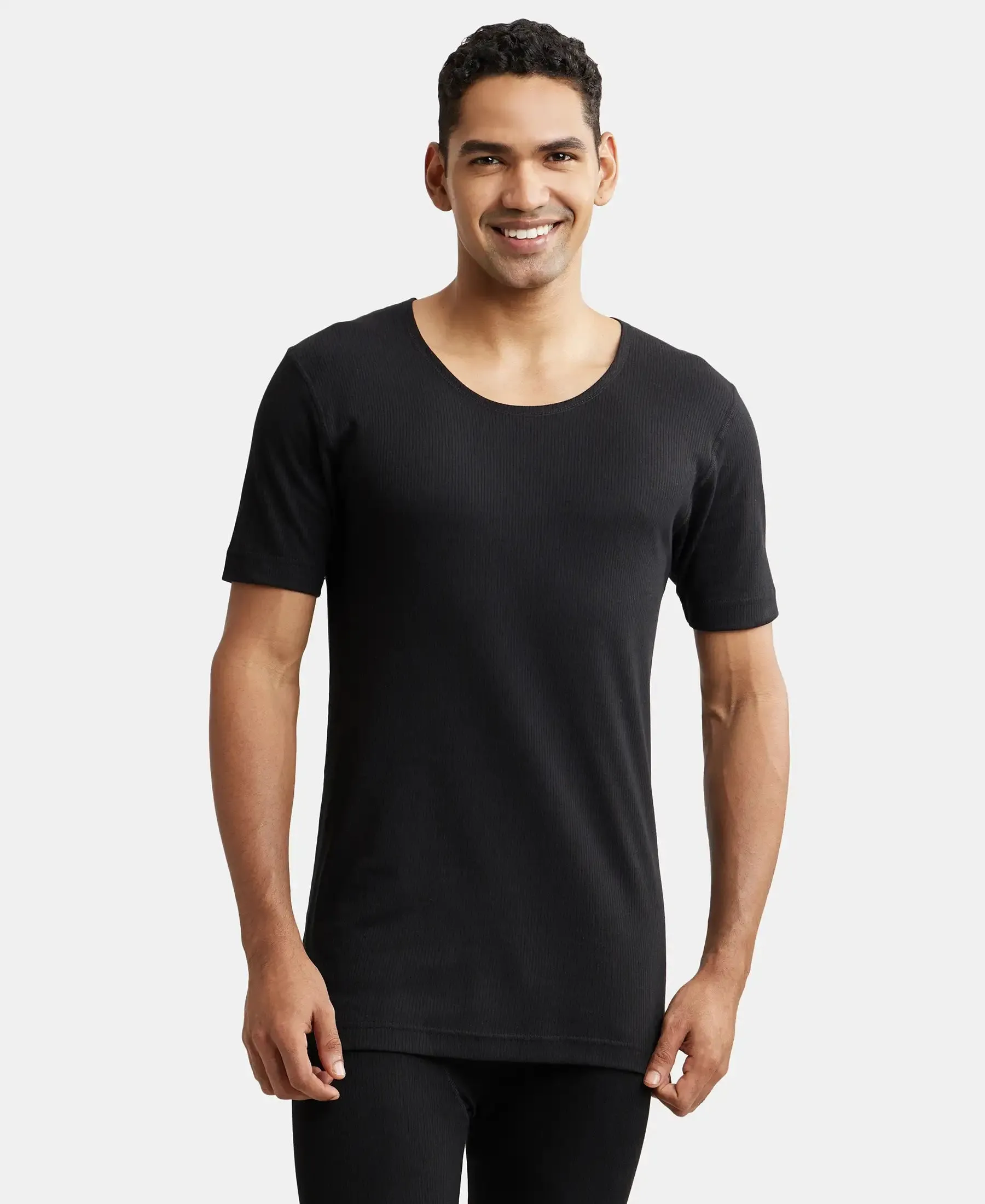 Super Combed Cotton Rich Half Sleeved Thermal Undershirt with StayWarm Technology - Black