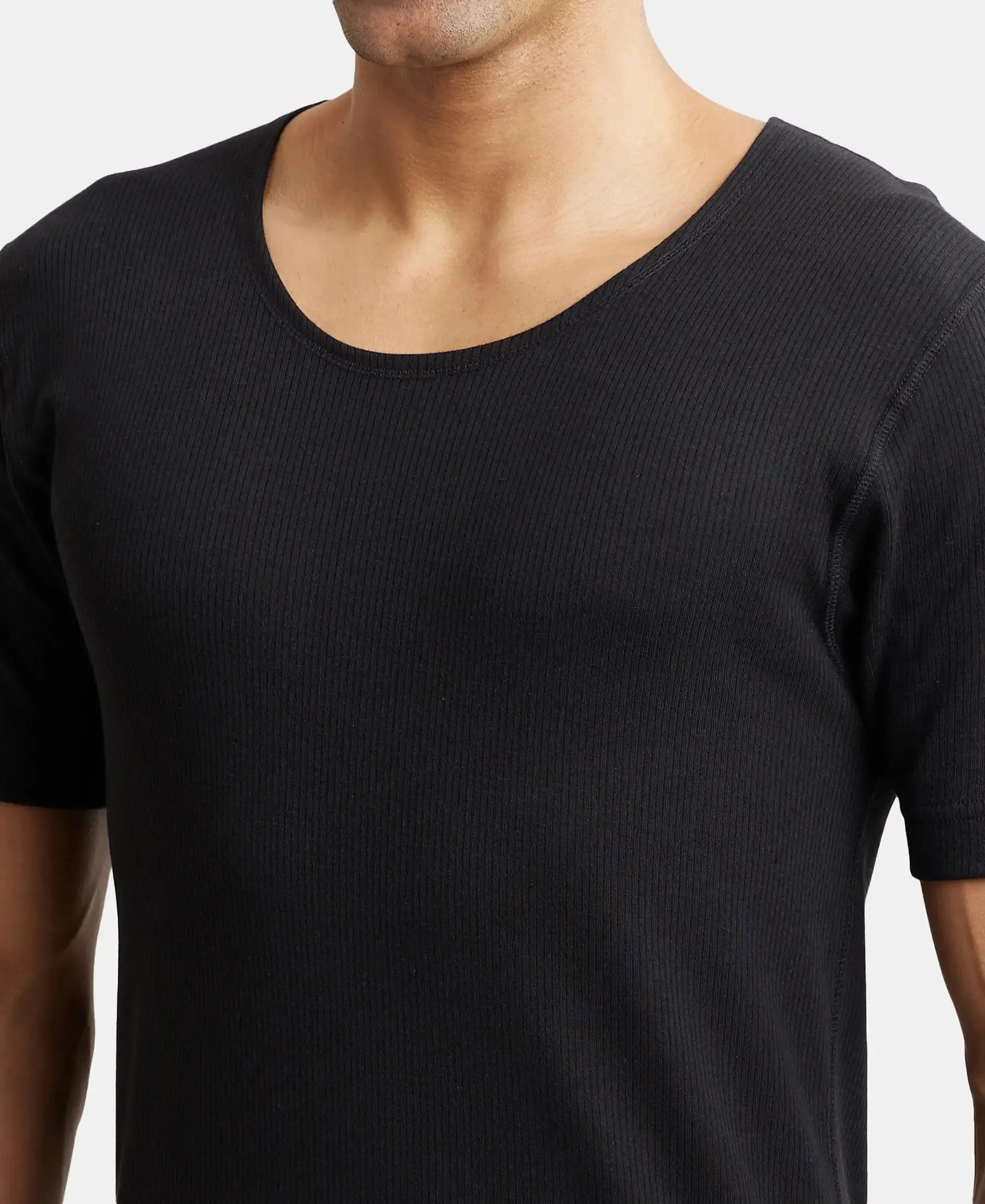 Super Combed Cotton Rich Half Sleeved Thermal Undershirt with StayWarm Technology - Black