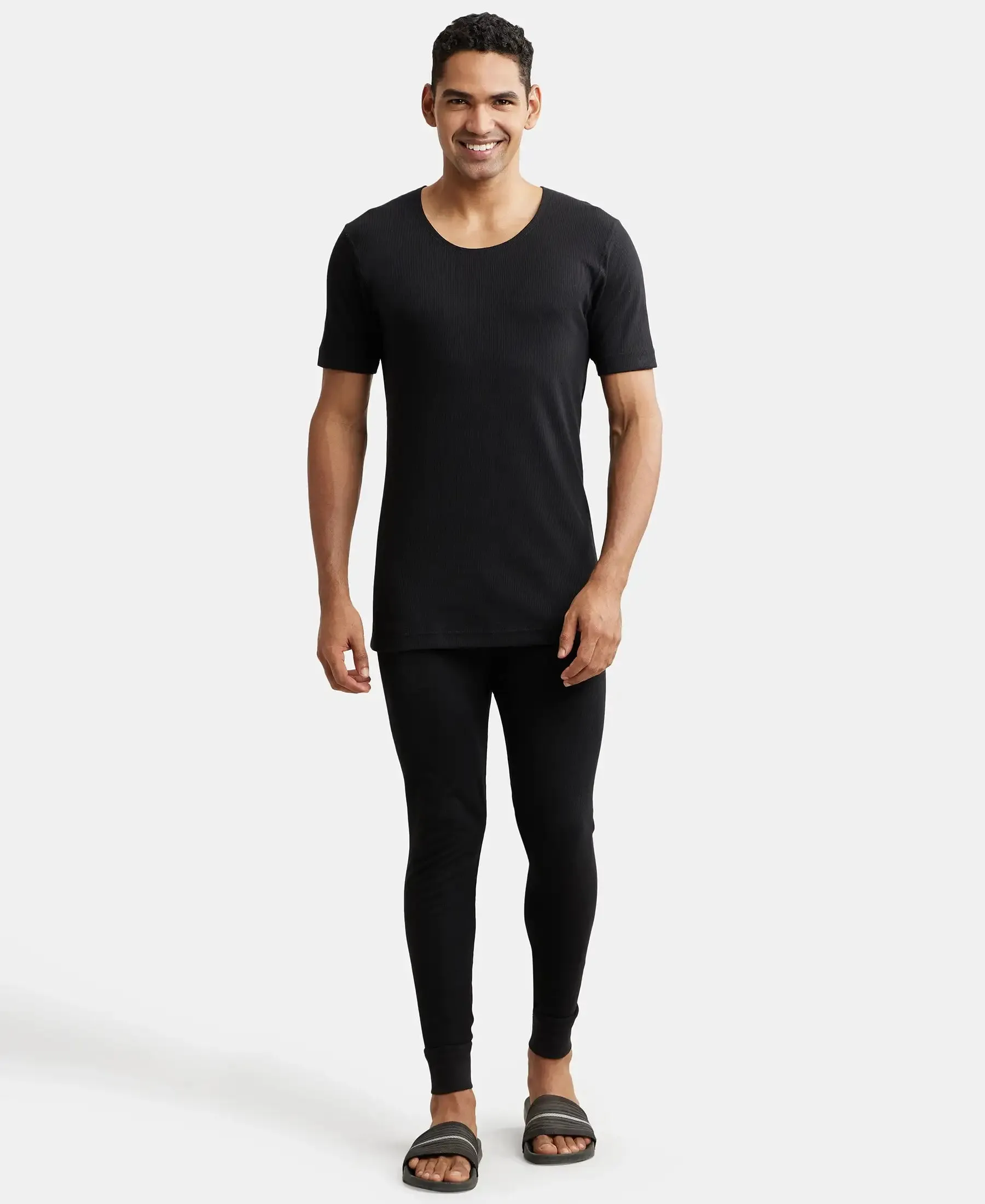 Super Combed Cotton Rich Half Sleeved Thermal Undershirt with StayWarm Technology - Black