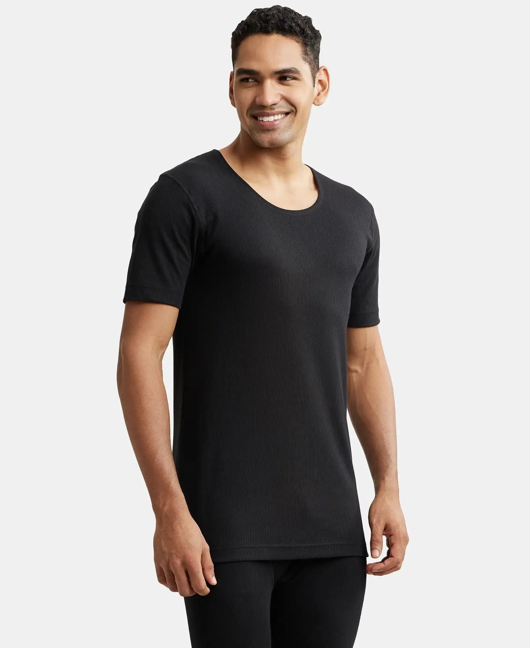 Super Combed Cotton Rich Half Sleeved Thermal Undershirt with StayWarm Technology - Black
