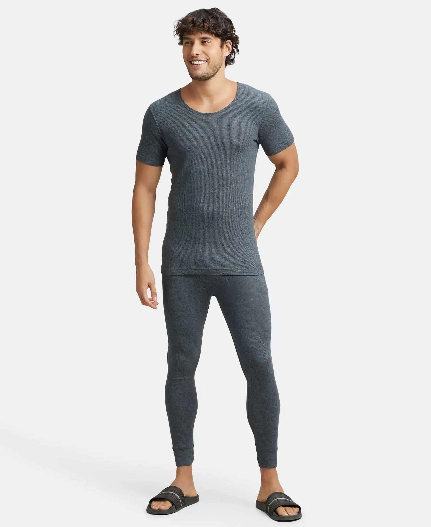 Super Combed Cotton Rich Half Sleeved Thermal Undershirt with StayWarm Technology - Charcoal Melange