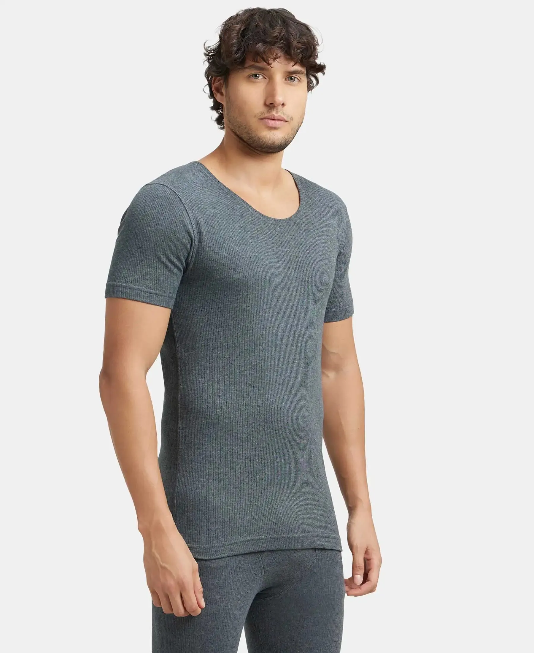 Super Combed Cotton Rich Half Sleeved Thermal Undershirt with StayWarm Technology - Charcoal Melange