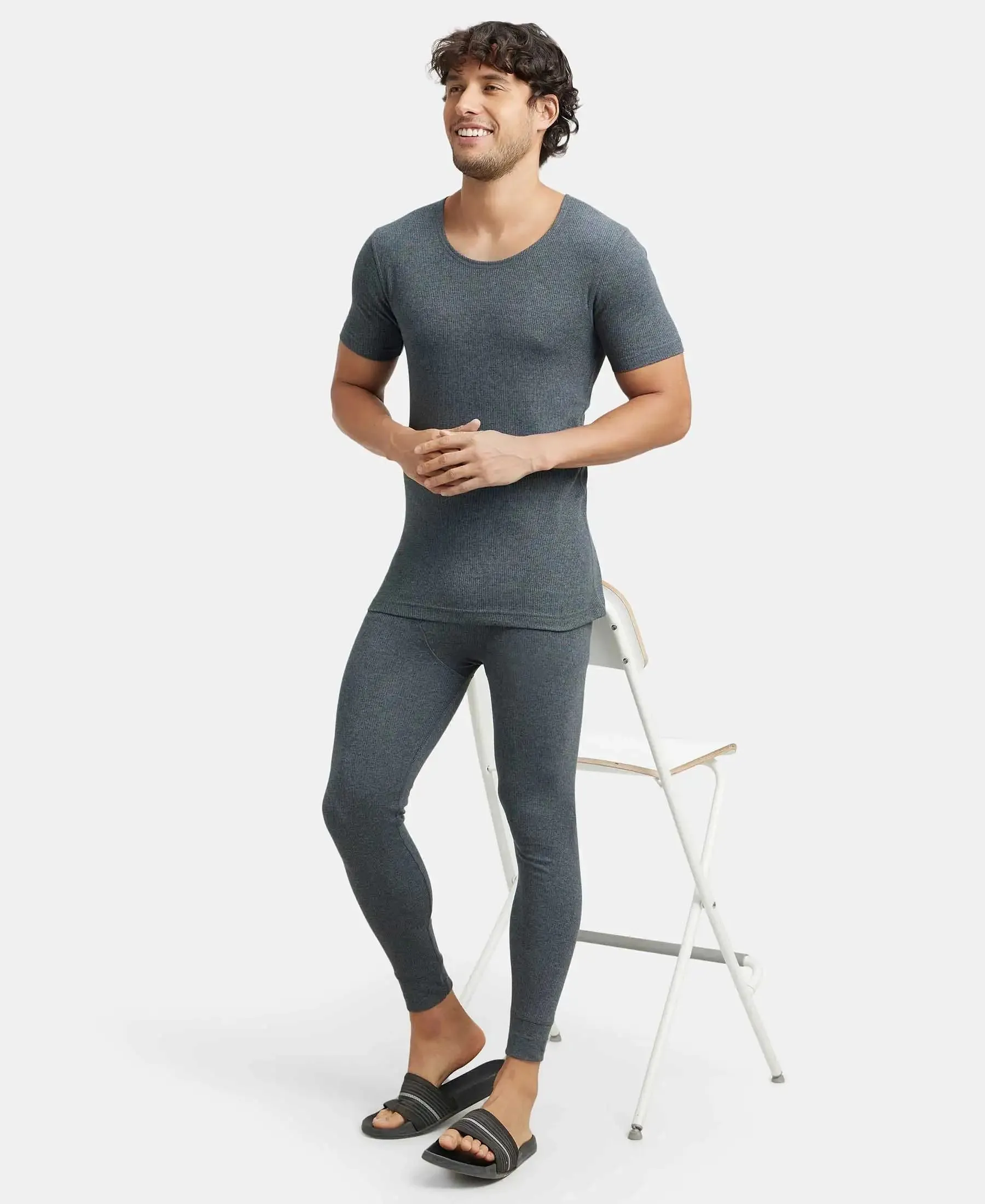 Super Combed Cotton Rich Half Sleeved Thermal Undershirt with StayWarm Technology - Charcoal Melange