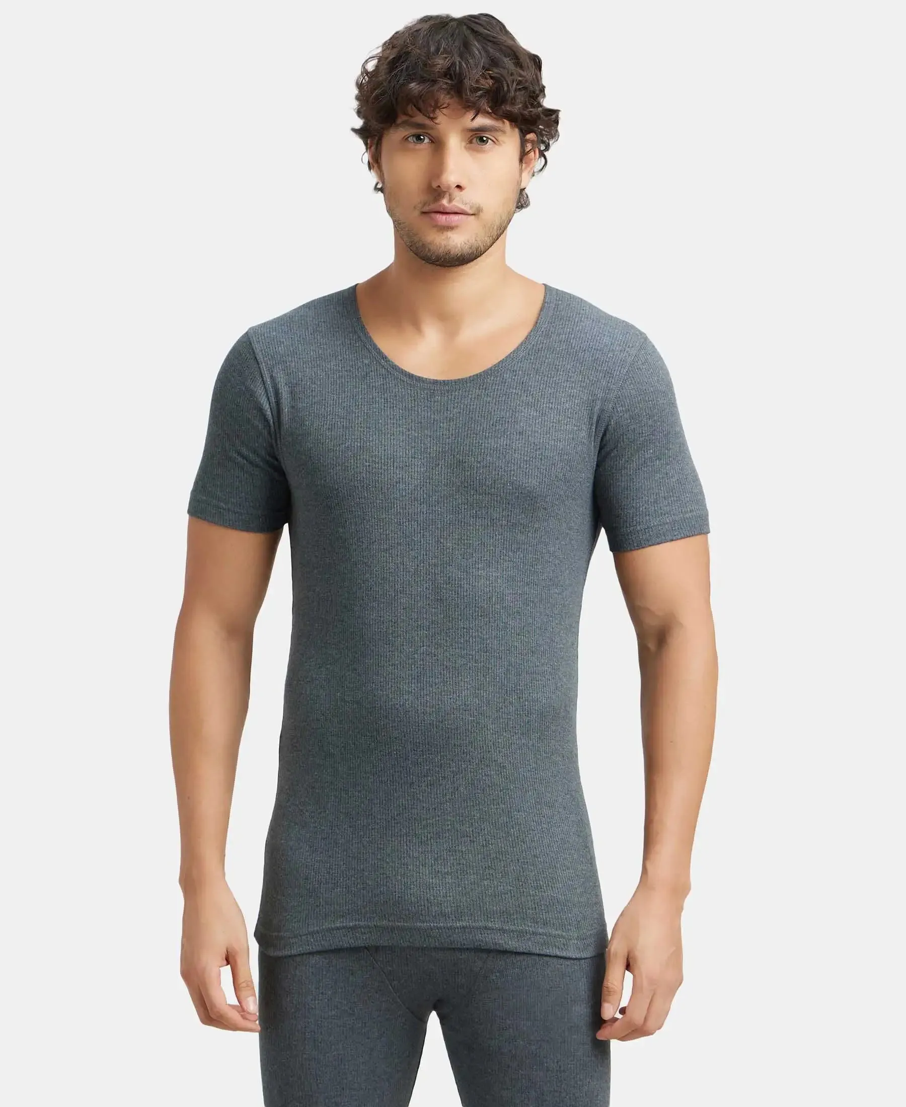 Super Combed Cotton Rich Half Sleeved Thermal Undershirt with StayWarm Technology - Charcoal Melange