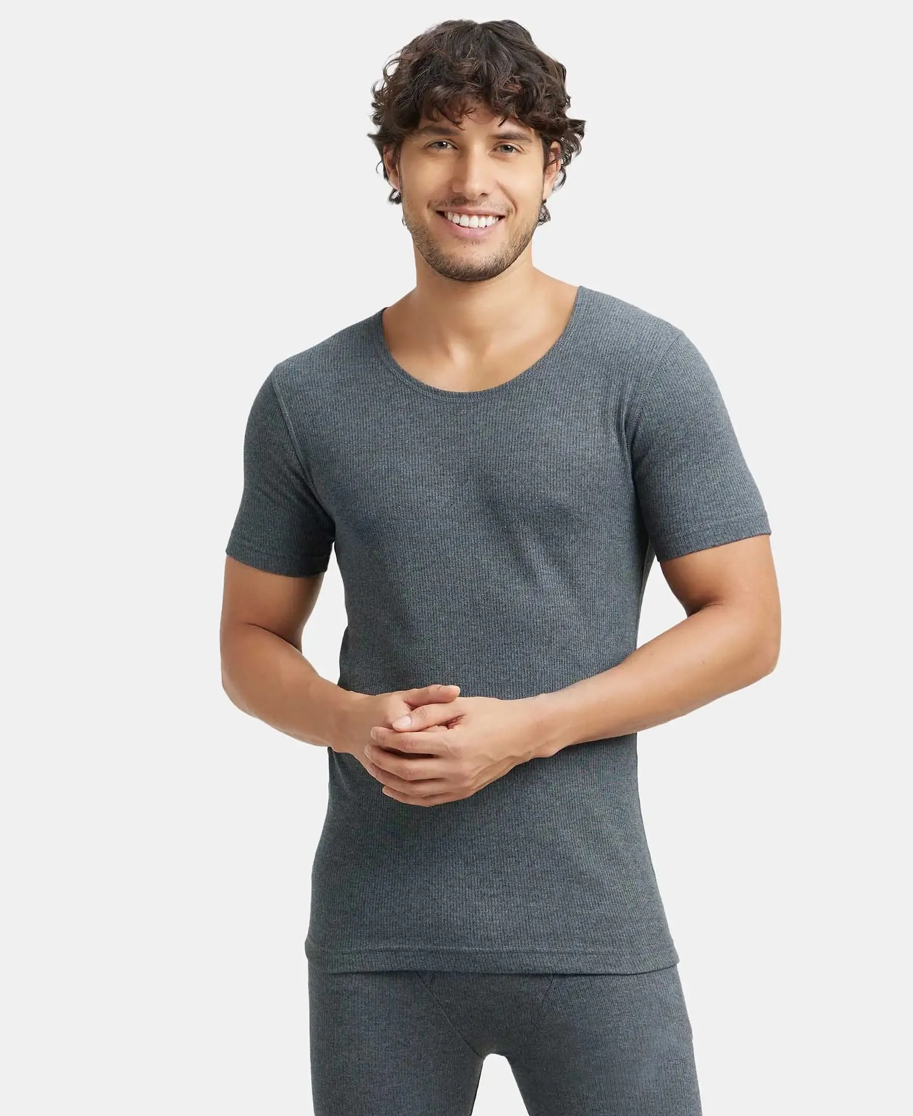 Super Combed Cotton Rich Half Sleeved Thermal Undershirt with StayWarm Technology - Charcoal Melange