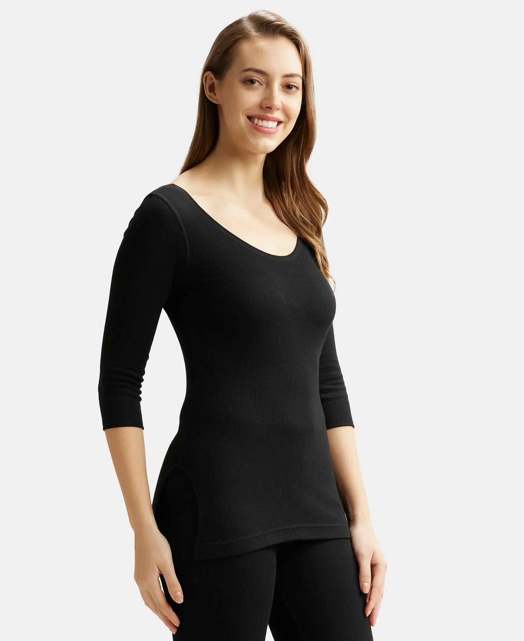 Super Combed Cotton Rich Three Quarter Sleeve Thermal Top with StayWarm Technology - Black
