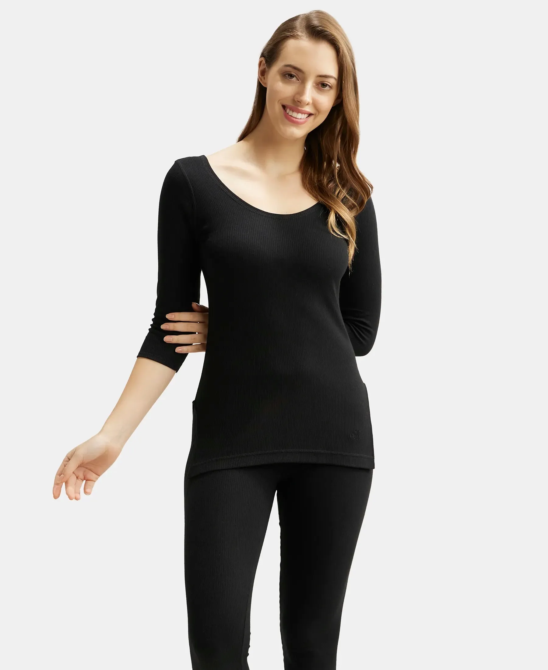 Super Combed Cotton Rich Three Quarter Sleeve Thermal Top with StayWarm Technology - Black