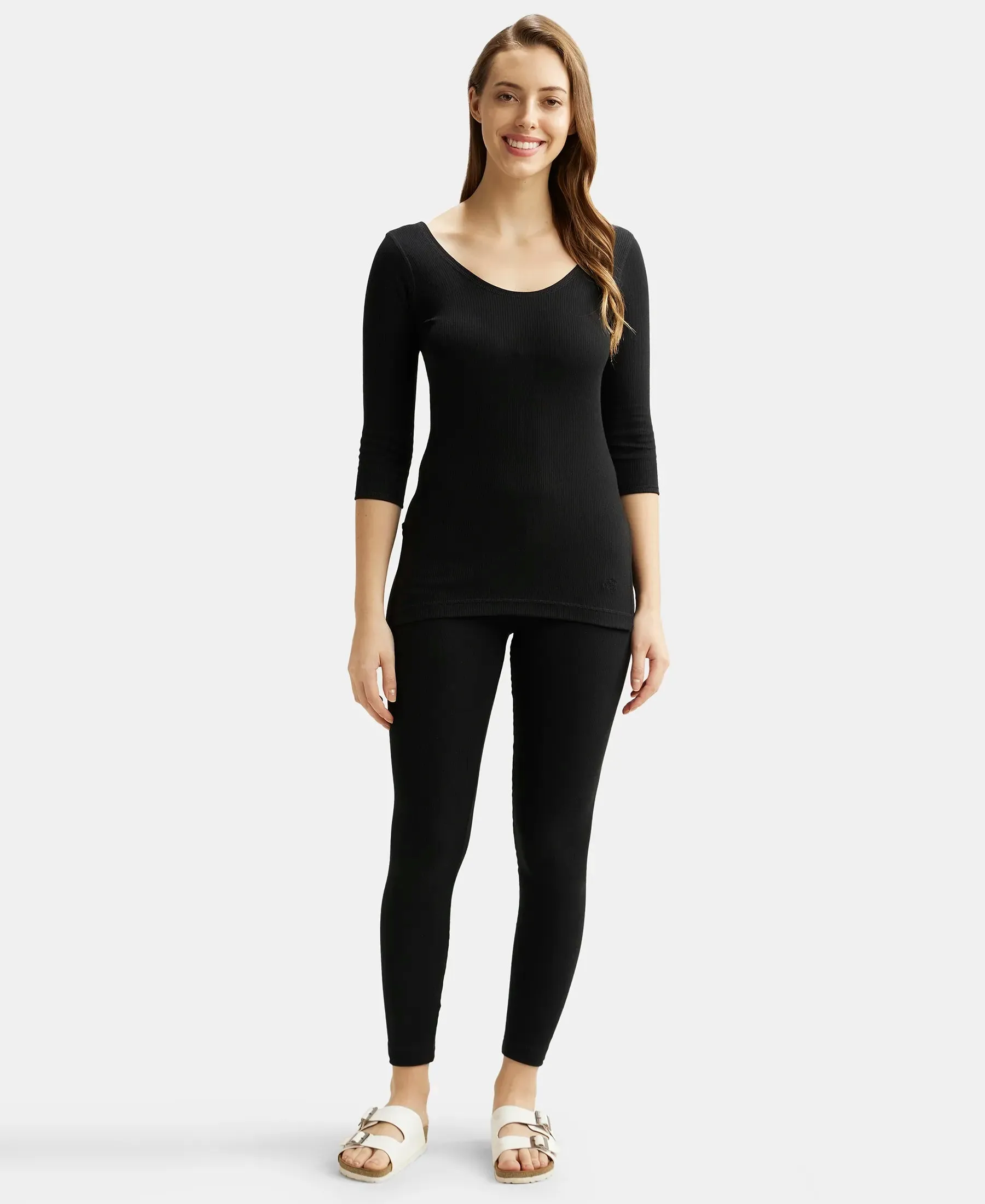 Super Combed Cotton Rich Three Quarter Sleeve Thermal Top with StayWarm Technology - Black