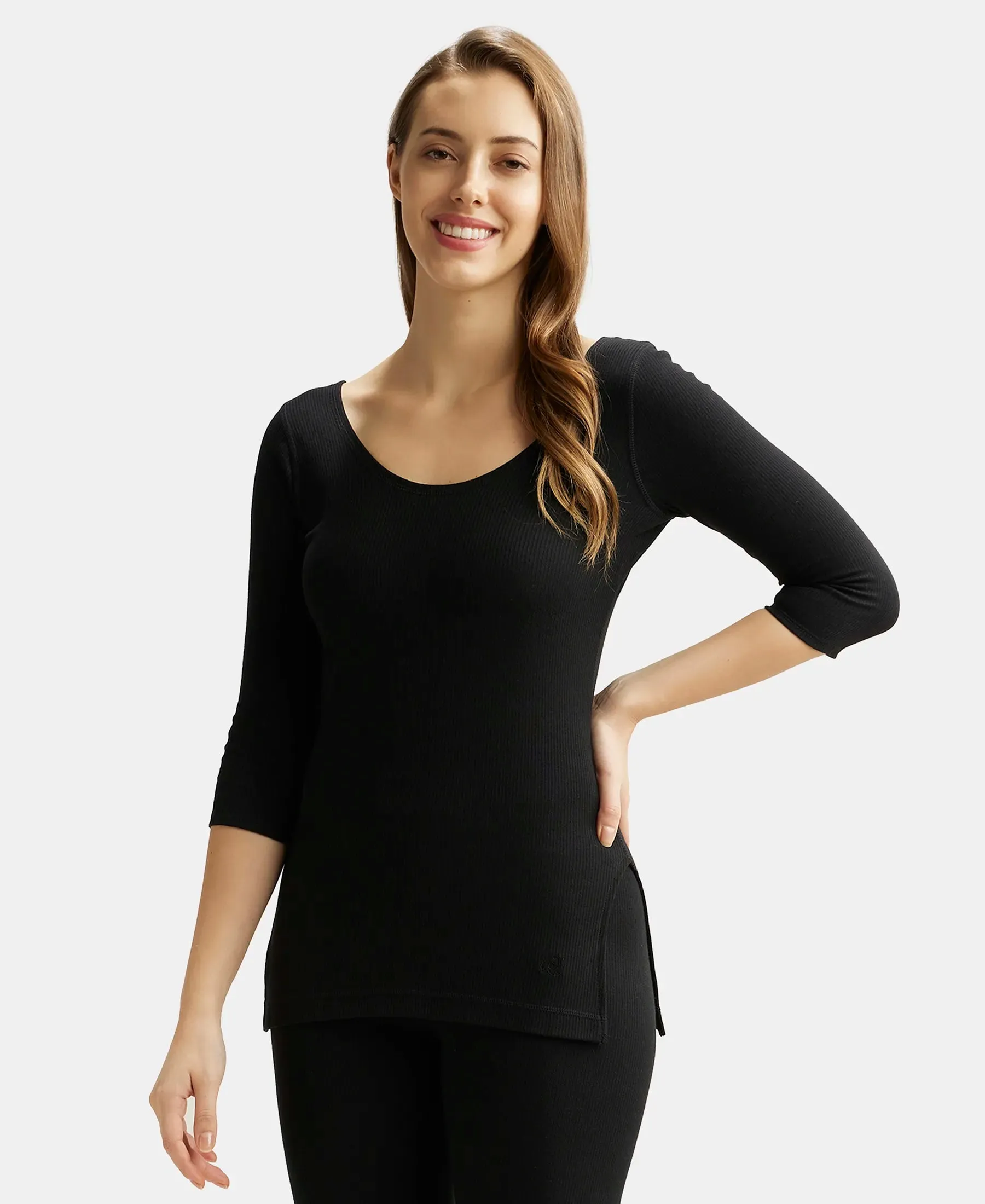 Super Combed Cotton Rich Three Quarter Sleeve Thermal Top with StayWarm Technology - Black
