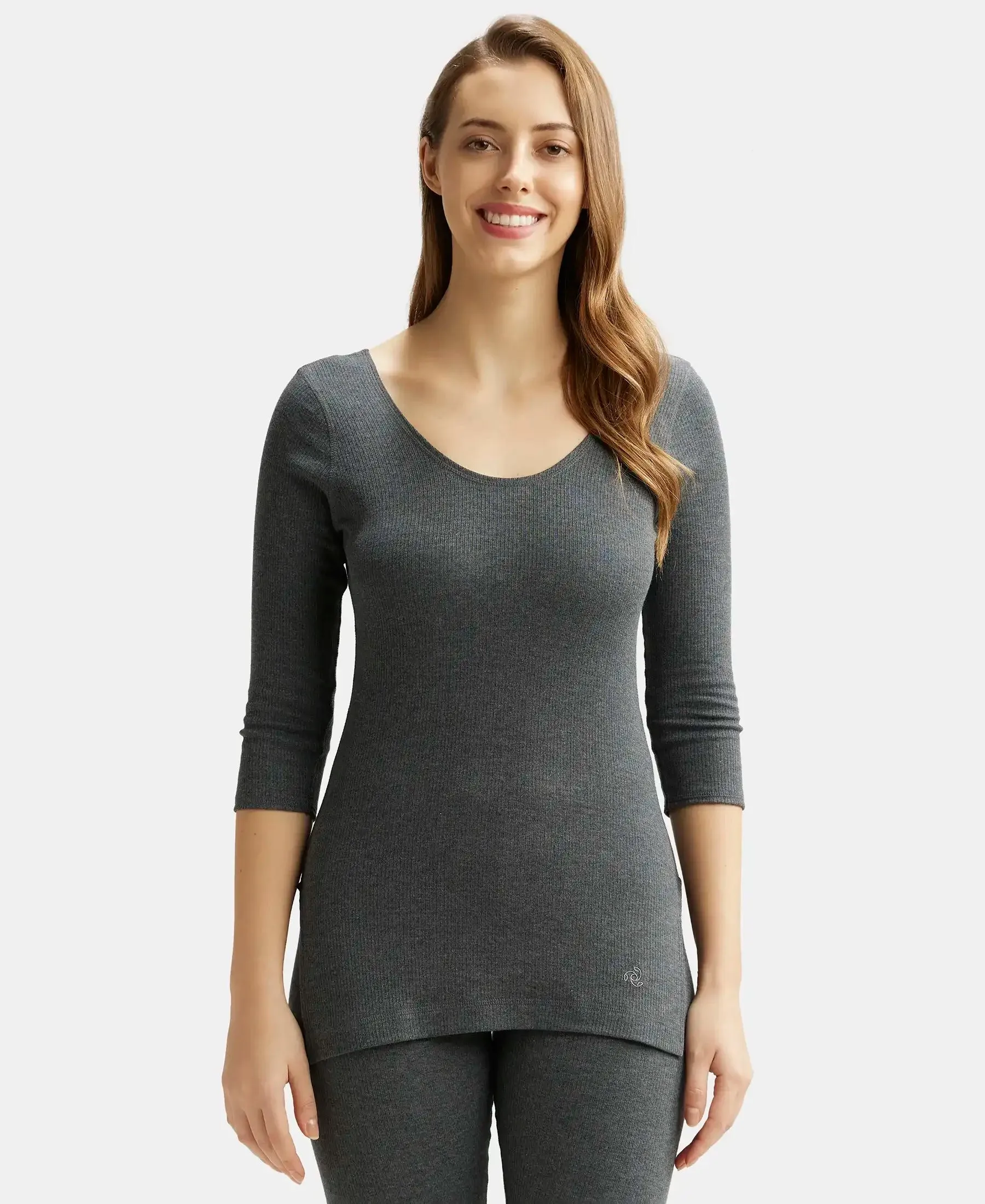 Super Combed Cotton Rich Three Quarter Sleeve Thermal Top with StayWarm Technology - Charcoal Melange