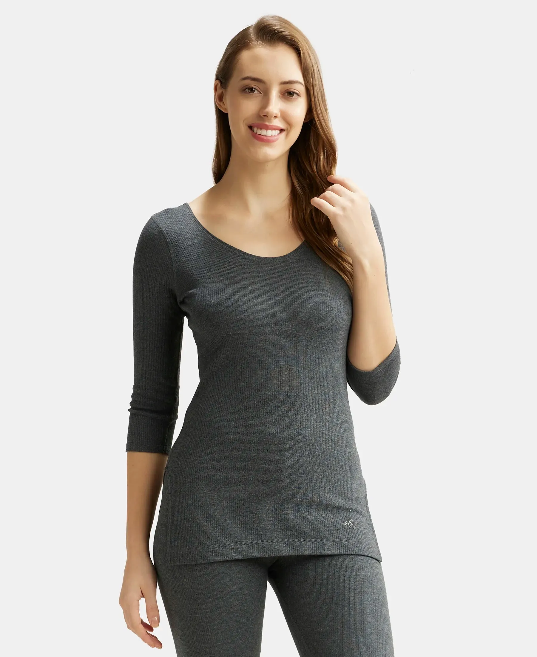 Super Combed Cotton Rich Three Quarter Sleeve Thermal Top with StayWarm Technology - Charcoal Melange