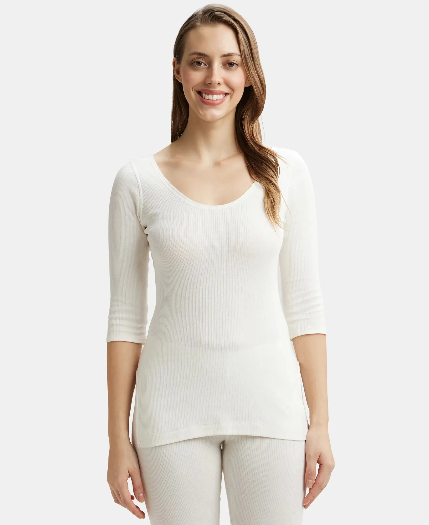 Super Combed Cotton Rich Three Quarter Sleeve Thermal Top with StayWarm Technology - Off White