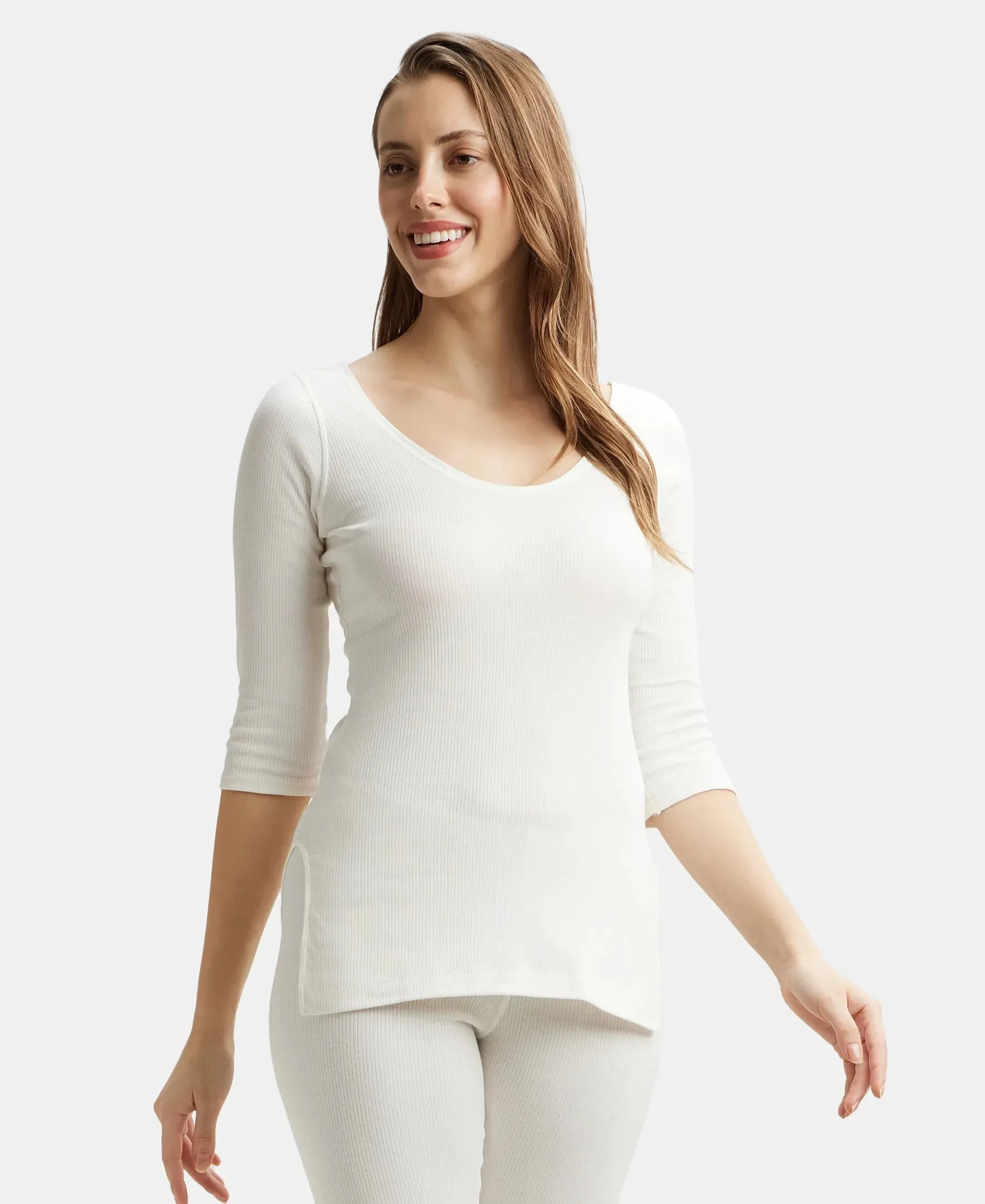Super Combed Cotton Rich Three Quarter Sleeve Thermal Top with StayWarm Technology - Off White