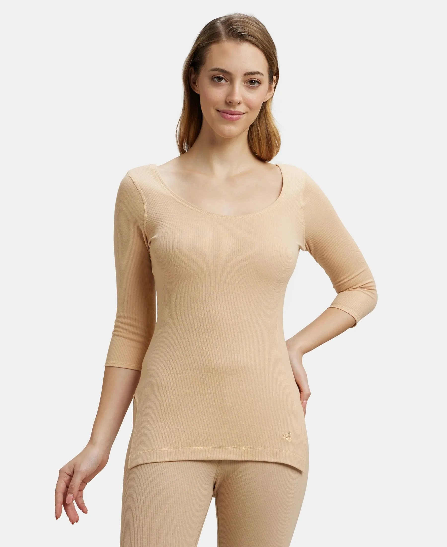 Super Combed Cotton Rich Three Quarter Sleeve Thermal Top with StayWarm Technology - Skin
