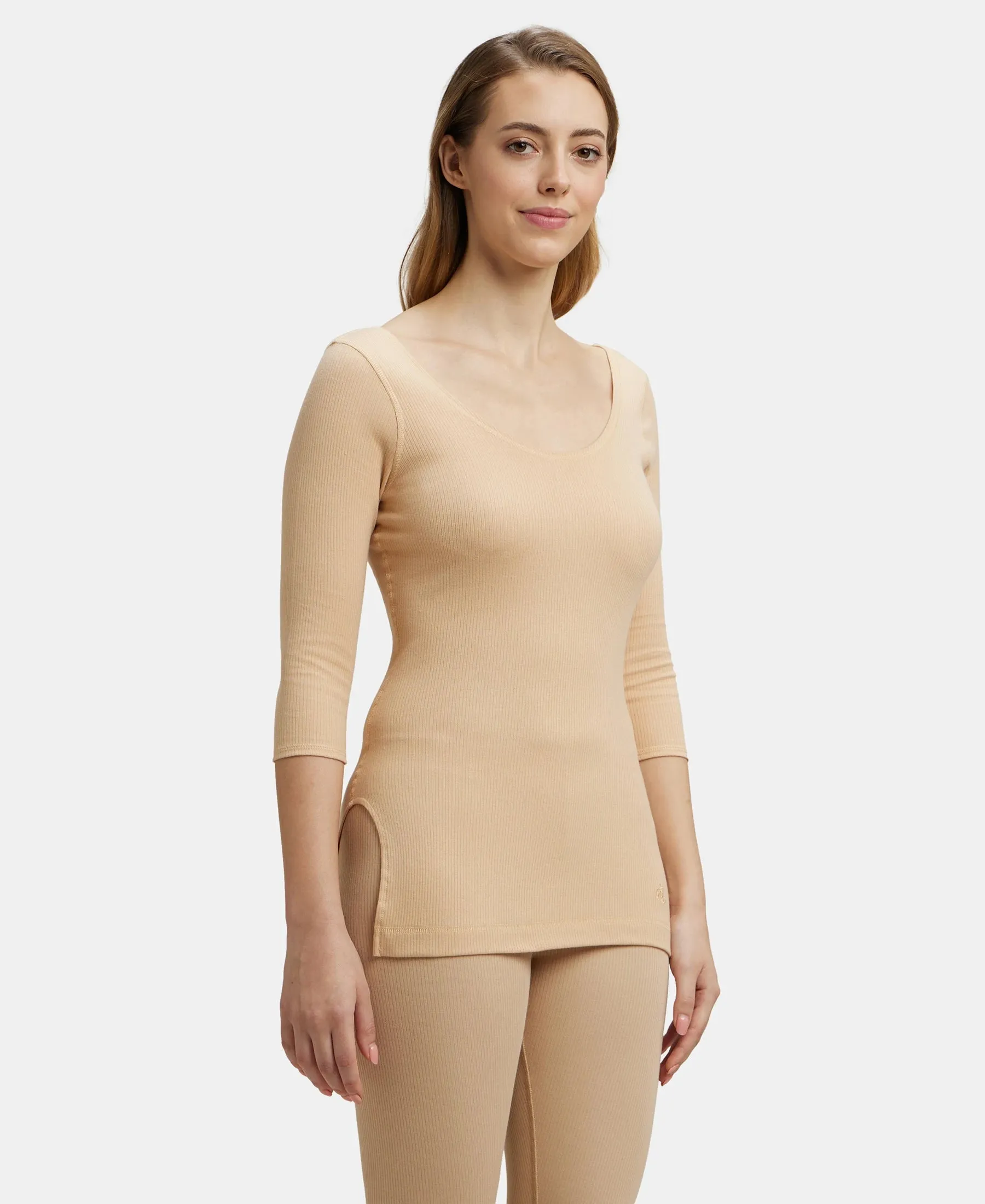 Super Combed Cotton Rich Three Quarter Sleeve Thermal Top with StayWarm Technology - Skin