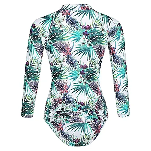 Tame the Sun Long Sleeve Swimsuit for Girls, UPF 50 , Ages 3-12 - Frills, One Piece Rashguard Swimwear (White, 3)