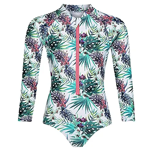 Tame the Sun Long Sleeve Swimsuit for Girls, UPF 50 , Ages 3-12 - Frills, One Piece Rashguard Swimwear (White, 3)