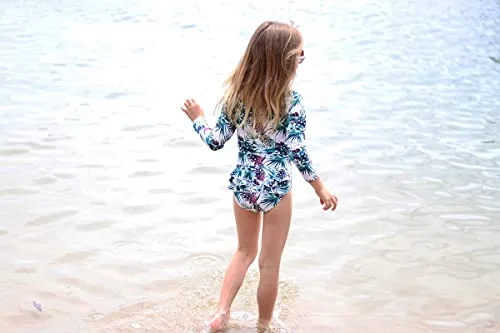 Tame the Sun Long Sleeve Swimsuit for Girls, UPF 50 , Ages 3-12 - Frills, One Piece Rashguard Swimwear (White, 3)
