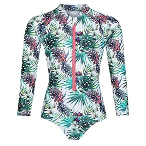 Tame the Sun Long Sleeve Swimsuit for Girls, UPF 50 , Ages 3-12 - Frills, One Piece Rashguard Swimwear (White, 3)