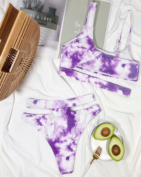 Tie Dyed One Shoulder High Waisted Bikini Sets