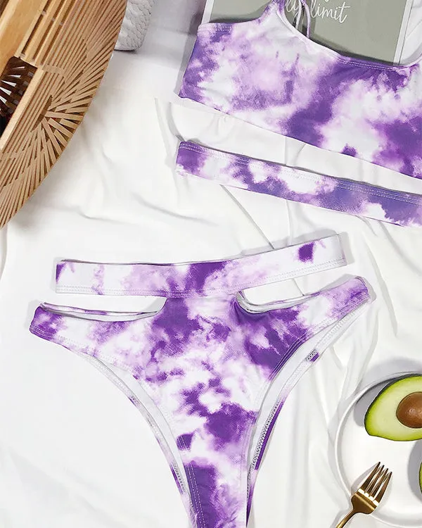 Tie Dyed One Shoulder High Waisted Bikini Sets