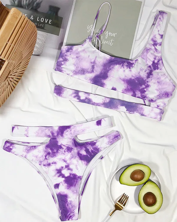 Tie Dyed One Shoulder High Waisted Bikini Sets