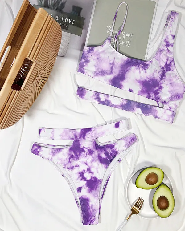 Tie Dyed One Shoulder High Waisted Bikini Sets