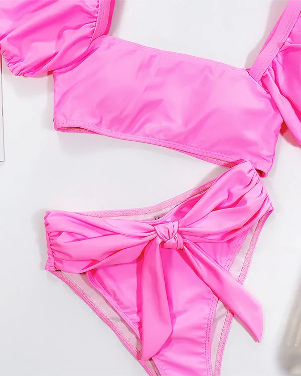 Tie Front Short Sleeves Bikini Sets