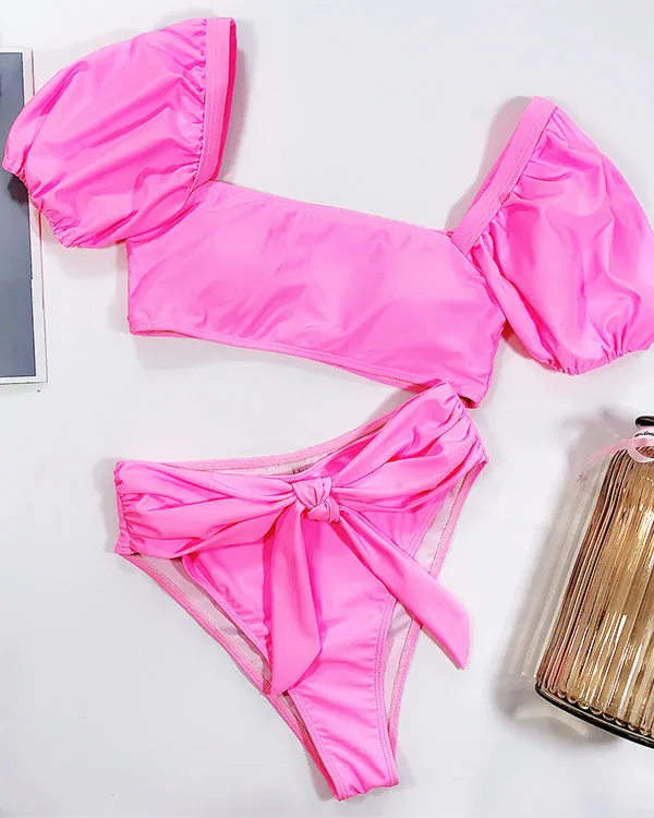 Tie Front Short Sleeves Bikini Sets