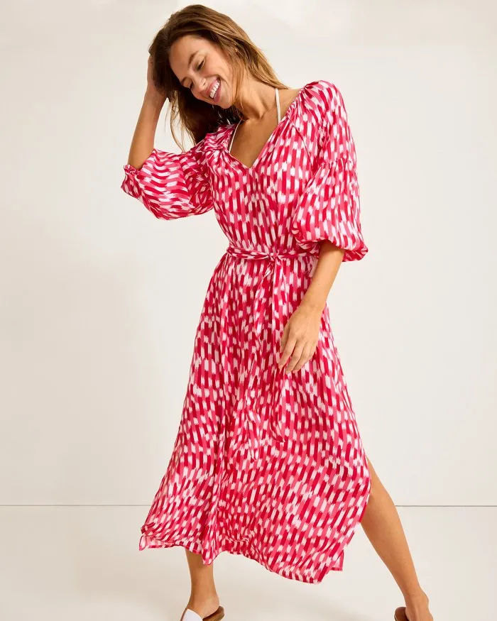 Tommy Bahama Womens Ikat Stripe Midi Dress Coverup - Red Hibiscus