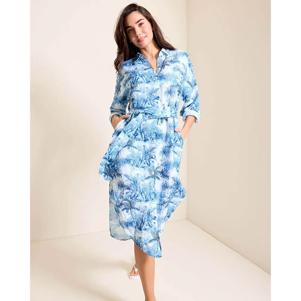 Tommy Bahama Womens St. Lucia Toile Boyfriend Shirt Dress Coverup - Indigo Tide