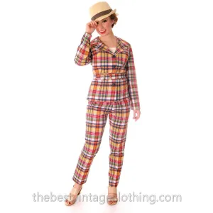 Vintage 1960s 3 Pc Suit  Sears Junior Bazaar Plaid Jacket Culottes Pants Sz S NOS