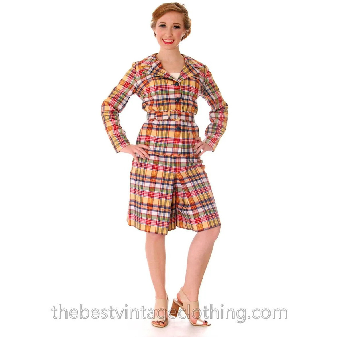 Vintage 1960s 3 Pc Suit  Sears Junior Bazaar Plaid Jacket Culottes Pants Sz S NOS