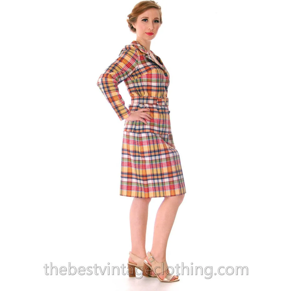 Vintage 1960s 3 Pc Suit  Sears Junior Bazaar Plaid Jacket Culottes Pants Sz S NOS