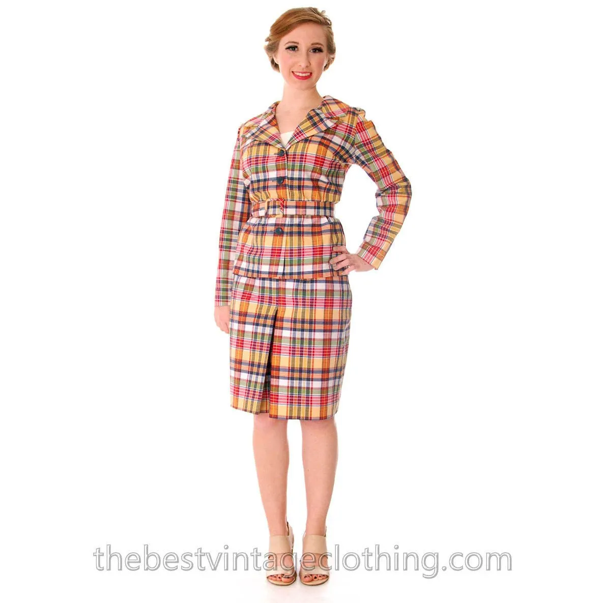 Vintage 1960s 3 Pc Suit  Sears Junior Bazaar Plaid Jacket Culottes Pants Sz S NOS