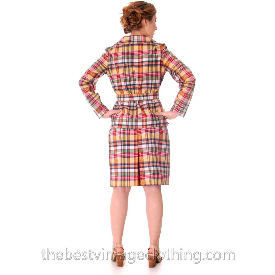 Vintage 1960s 3 Pc Suit  Sears Junior Bazaar Plaid Jacket Culottes Pants Sz S NOS
