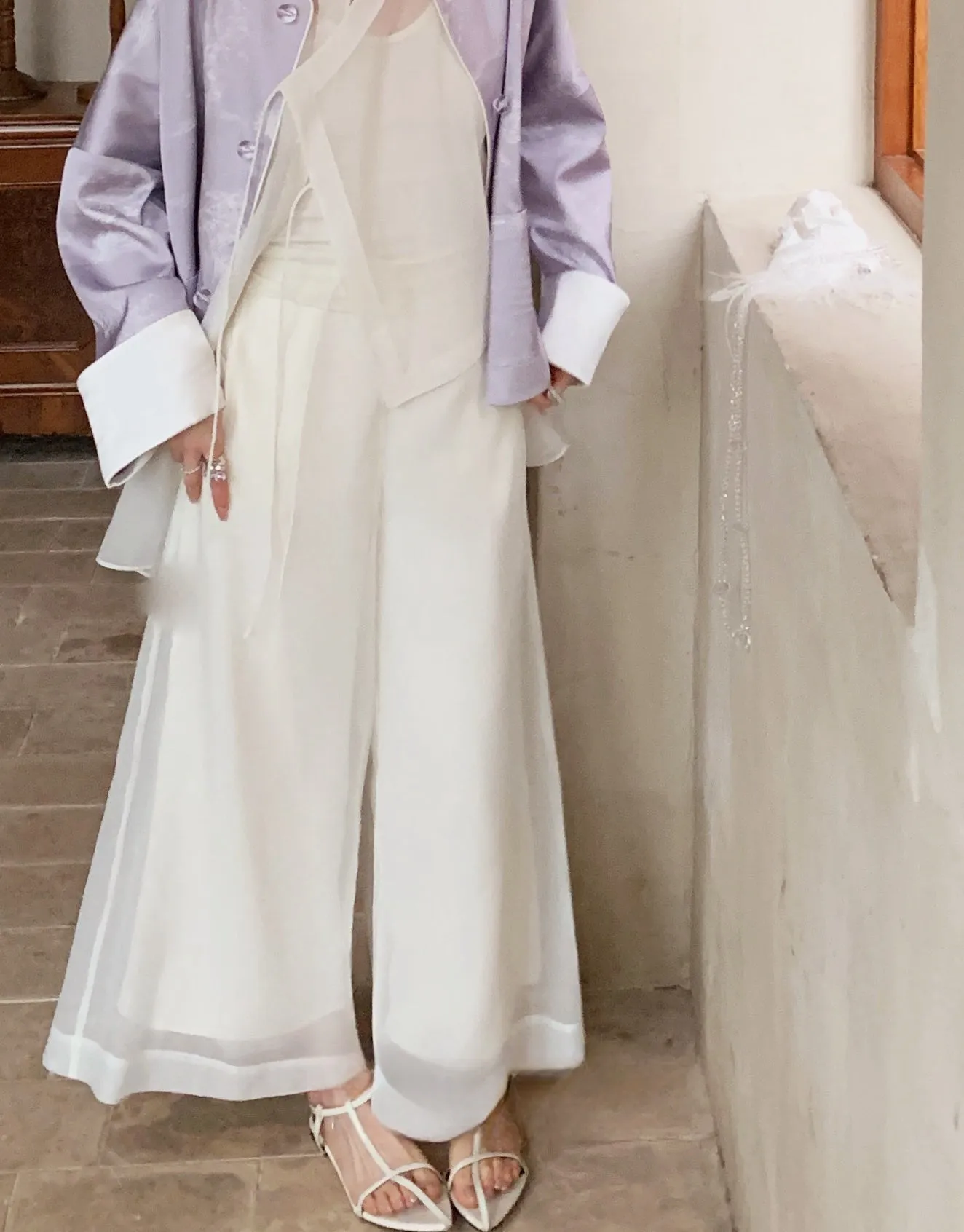 Vintage Chinese-Style Flowing Double-Layer Gauze Nine-Point Wide-Leg Culottes