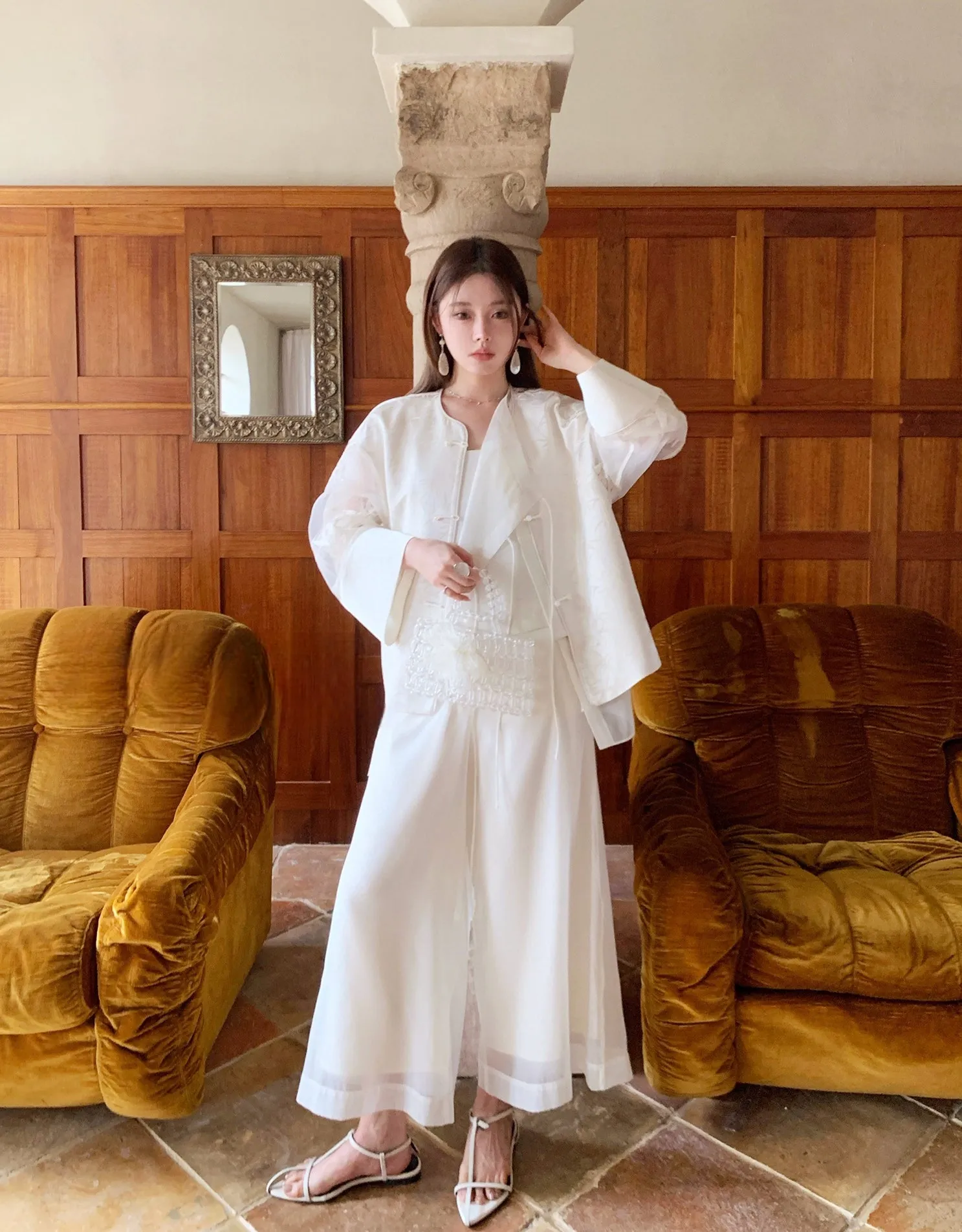 Vintage Chinese-Style Flowing Double-Layer Gauze Nine-Point Wide-Leg Culottes