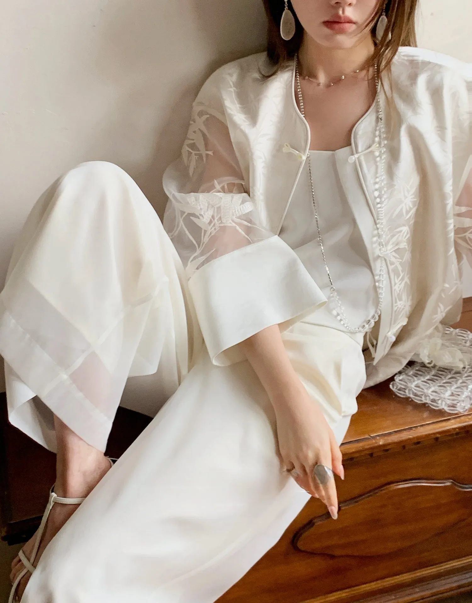 Vintage Chinese-Style Flowing Double-Layer Gauze Nine-Point Wide-Leg Culottes