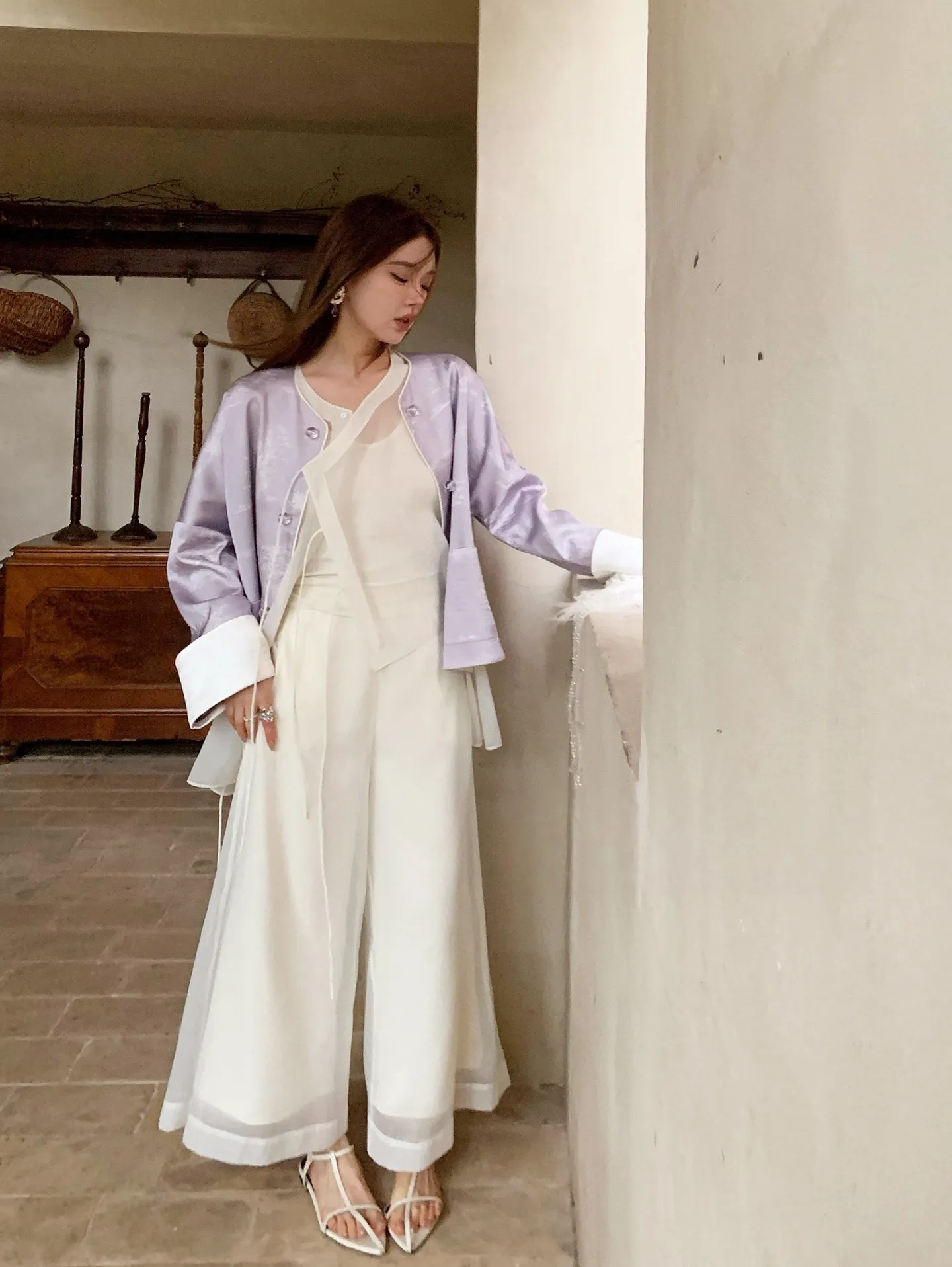 Vintage Chinese-Style Flowing Double-Layer Gauze Nine-Point Wide-Leg Culottes