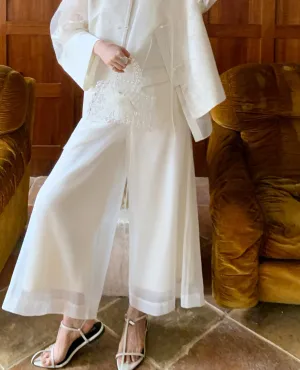 Vintage Chinese-Style Flowing Double-Layer Gauze Nine-Point Wide-Leg Culottes