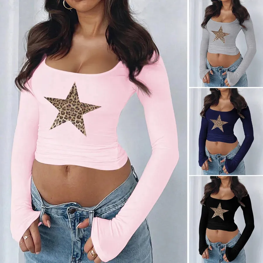 Wholesale Women's Simple Style Star Leopard Long Sleeve T-Shirts