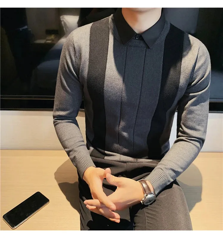 Winter Striped Stitching Sweater Men Long Sleeve Slim Fit Fake Two Knitted Pullovers High Quality Simple Business Men's Sweater