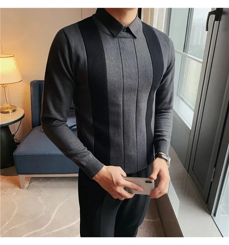 Winter Striped Stitching Sweater Men Long Sleeve Slim Fit Fake Two Knitted Pullovers High Quality Simple Business Men's Sweater