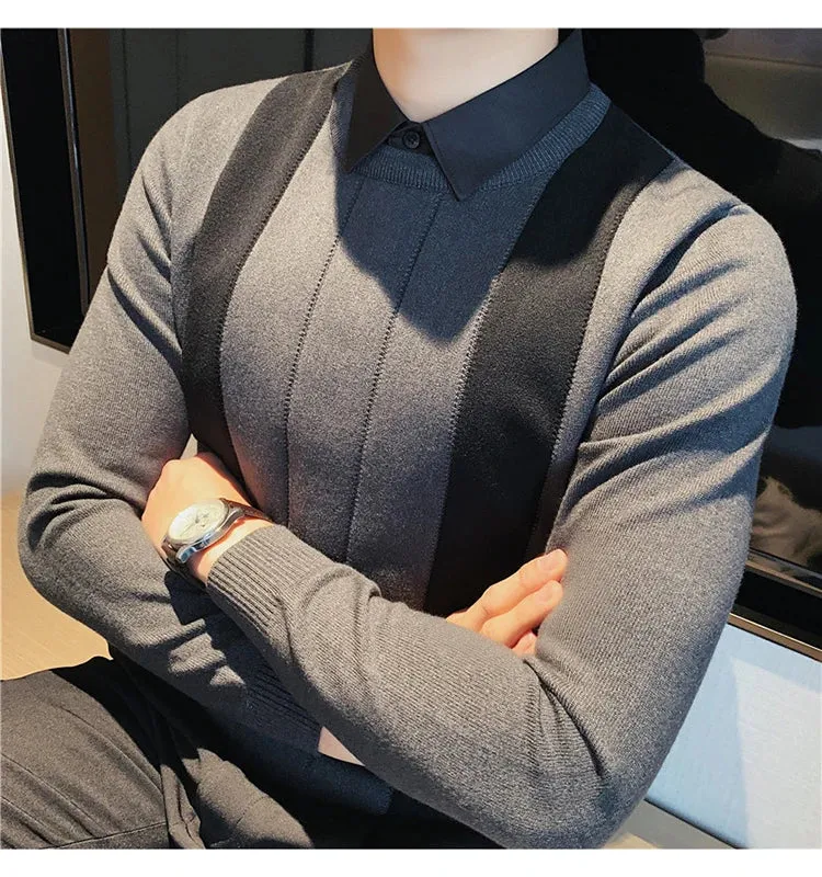 Winter Striped Stitching Sweater Men Long Sleeve Slim Fit Fake Two Knitted Pullovers High Quality Simple Business Men's Sweater