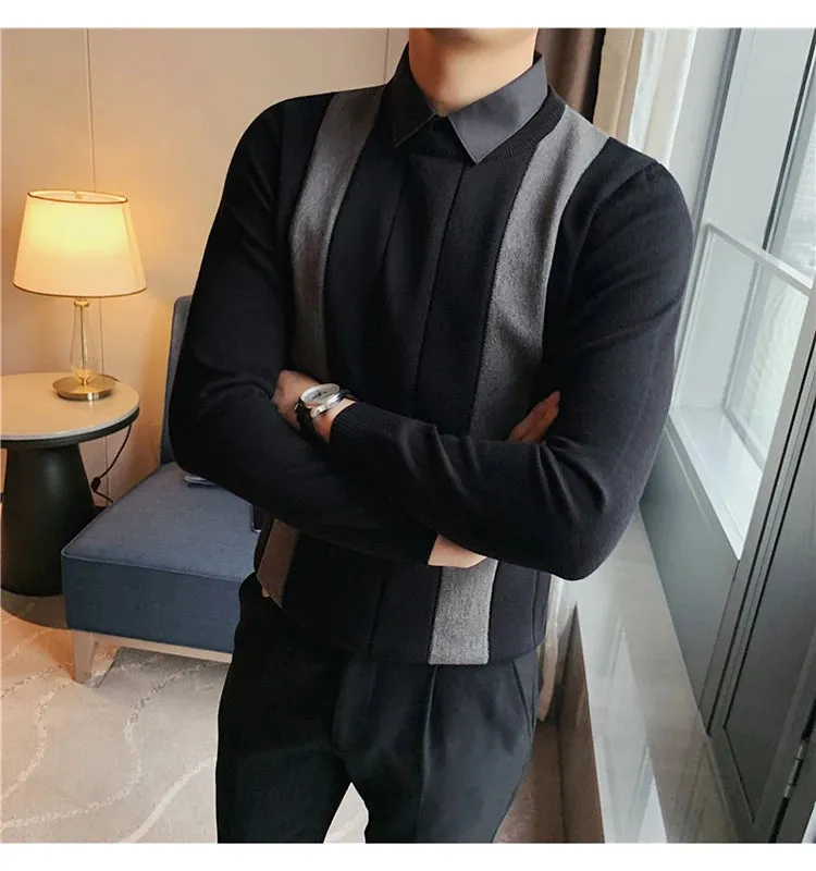Winter Striped Stitching Sweater Men Long Sleeve Slim Fit Fake Two Knitted Pullovers High Quality Simple Business Men's Sweater