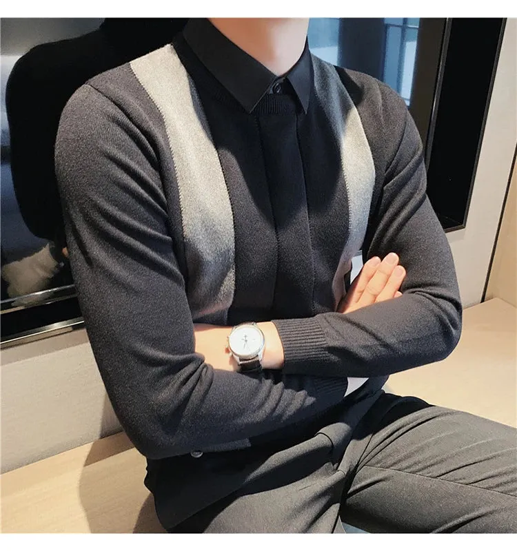 Winter Striped Stitching Sweater Men Long Sleeve Slim Fit Fake Two Knitted Pullovers High Quality Simple Business Men's Sweater